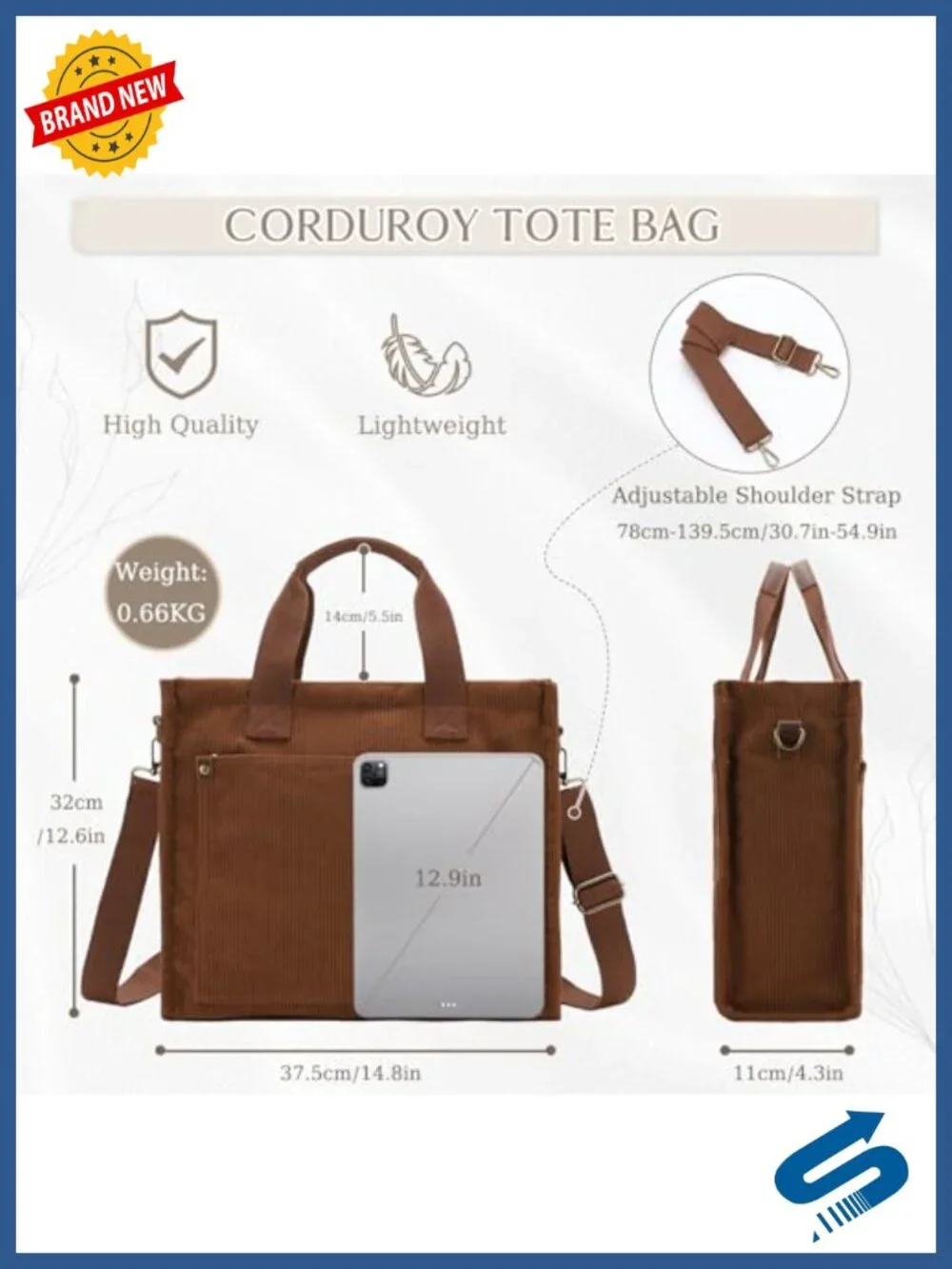 Corduroy Tote Bag for Women - Vintage Style, Zipper Pockets, Crossbody Shoulder